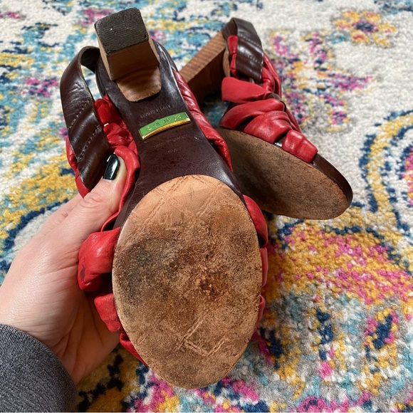 L.A.M.B. Tamika Red and Brown Strappy Leather Heels - Picture 6 of 11